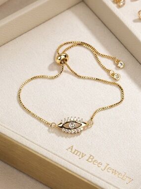 18k Gold Plated Evil Eye Bracelet with CZ Accent Details. New.